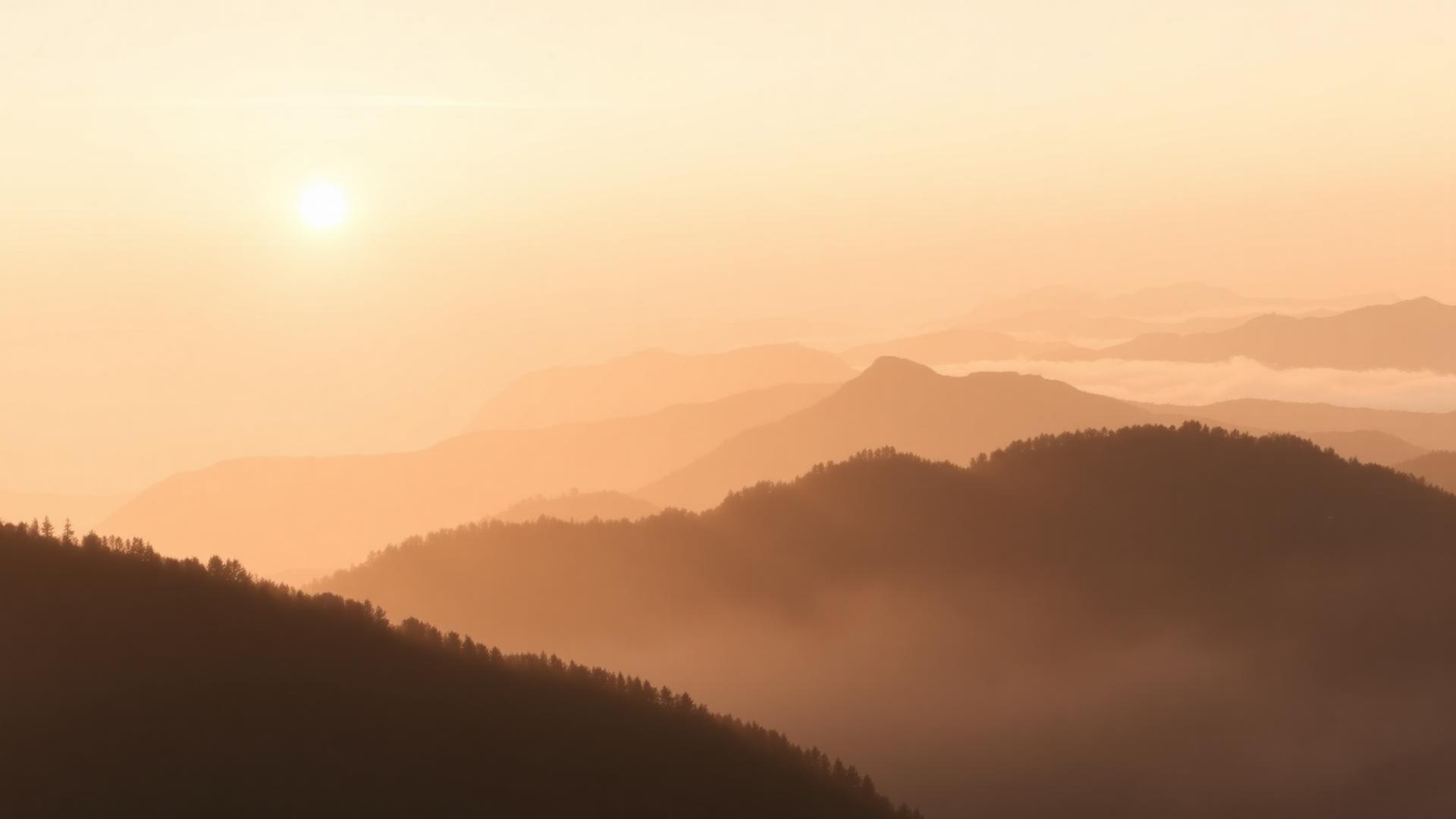 Soluppgång över dimmiga bergstoppar i varmt gyllene ljus